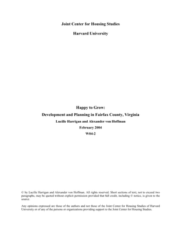 Development and Planning in Fairfax County, Virginia Lucille Harrigan and Alexander Von Hoffman February 2004 W04-2