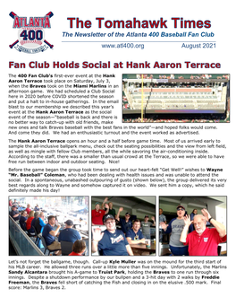 The Newsletter of the Atlanta 400 Baseball Fan Club August 2021