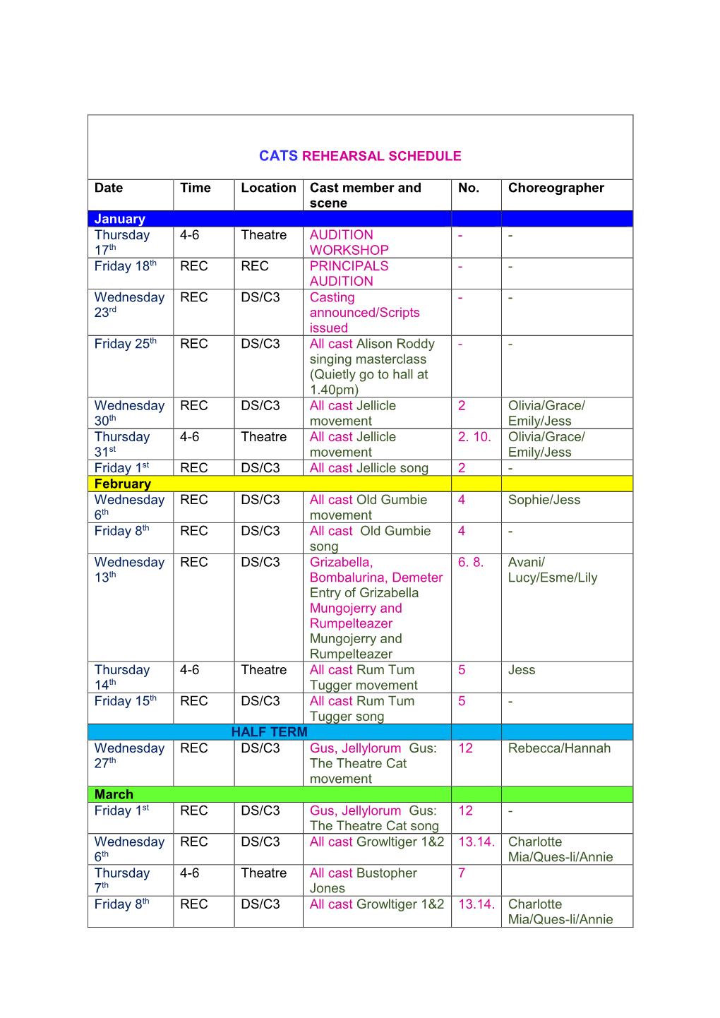 Cats Rehearsal Schedule