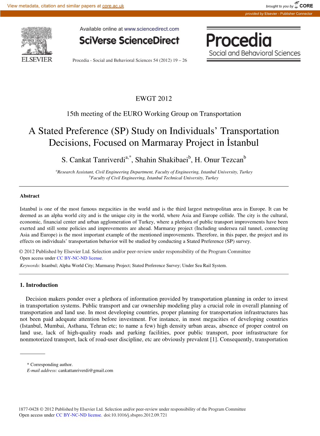 A Stated Preference (SP) Study on Individuals’ Transportation Decisions, Focused on Marmaray Project in Østanbul