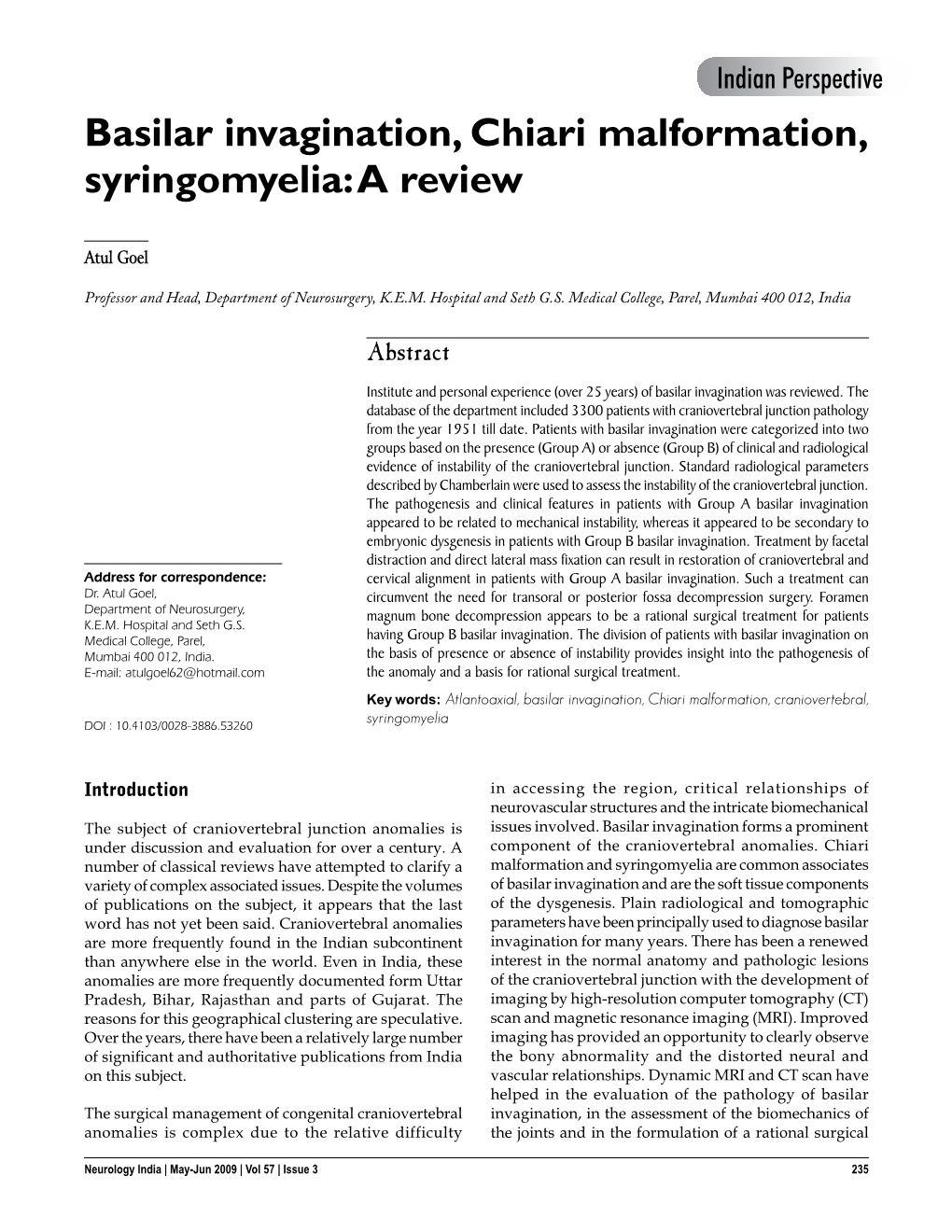 Basilar Invagination, Chiari Malformation, Syringomyelia: a Review