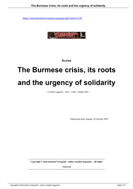 The Burmese Crisis, Its Roots and the Urgency of Solidarity