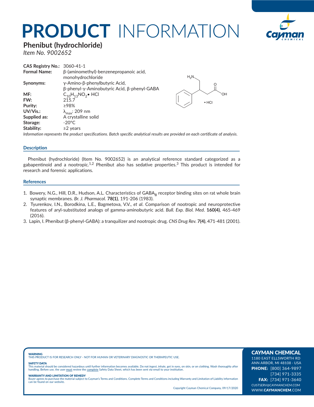 PRODUCT INFORMATION Phenibut (Hydrochloride) Item No