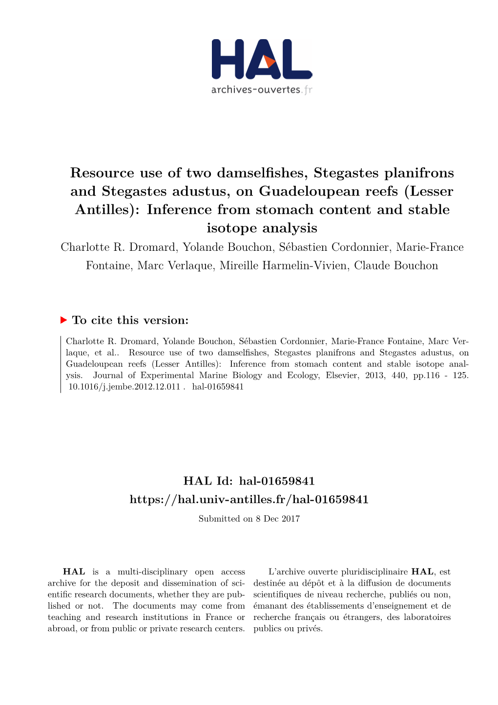 Resource Use of Two Damselfishes, Stegastes Planifrons and Stegastes