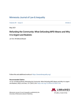 Refunding the Community: What Defunding MPD Means and Why It Is Urgent and Realistic