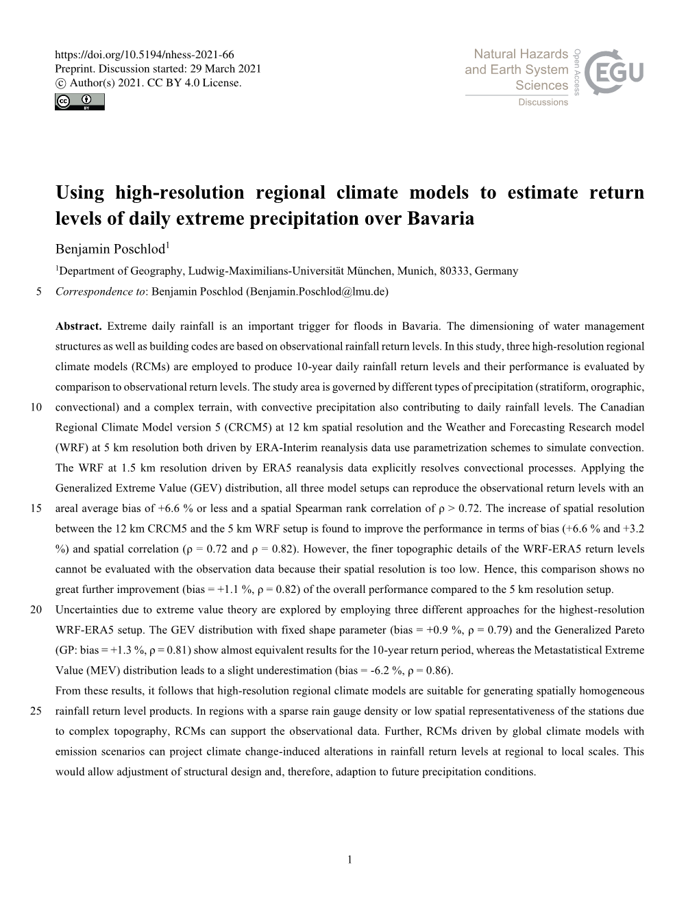 Using High-Resolution Regional Climate Models to Estimate Return Levels of Daily Extreme Precipitation Over Bavaria