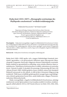 Daday Jenő (1915–1927): „Monographie Systématique Des Phyllopodes Conchostracés” Revideált Irodalomjegyzéke