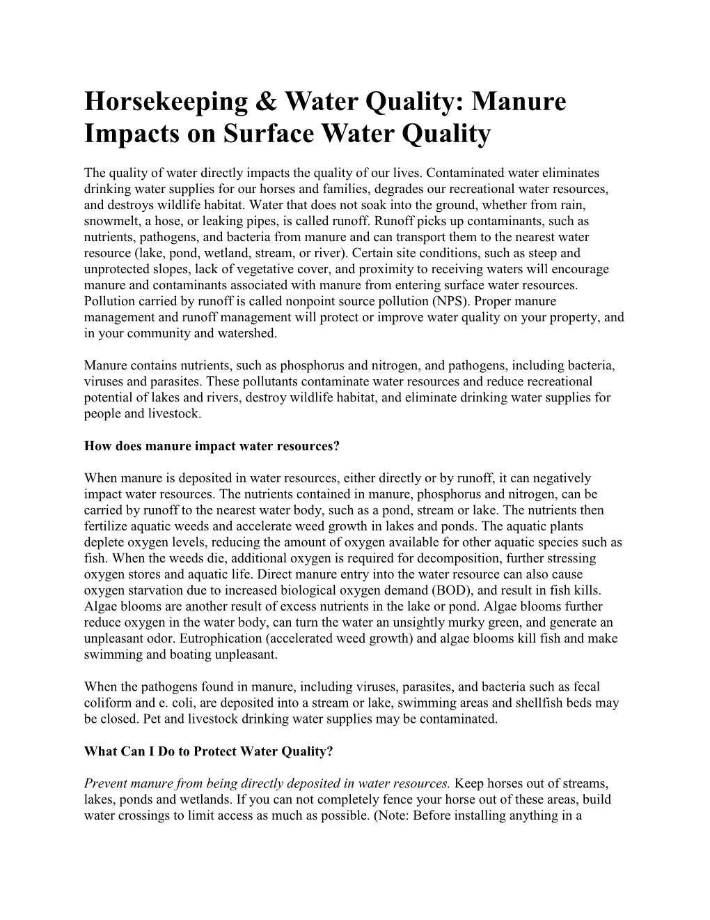 Horsekeeping & Water Quality: Manure Impacts on Surface