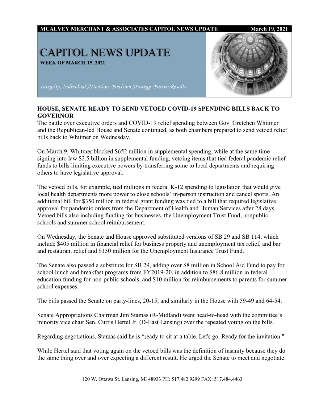 CAPITOL NEWS UPDATE March 19, 2021
