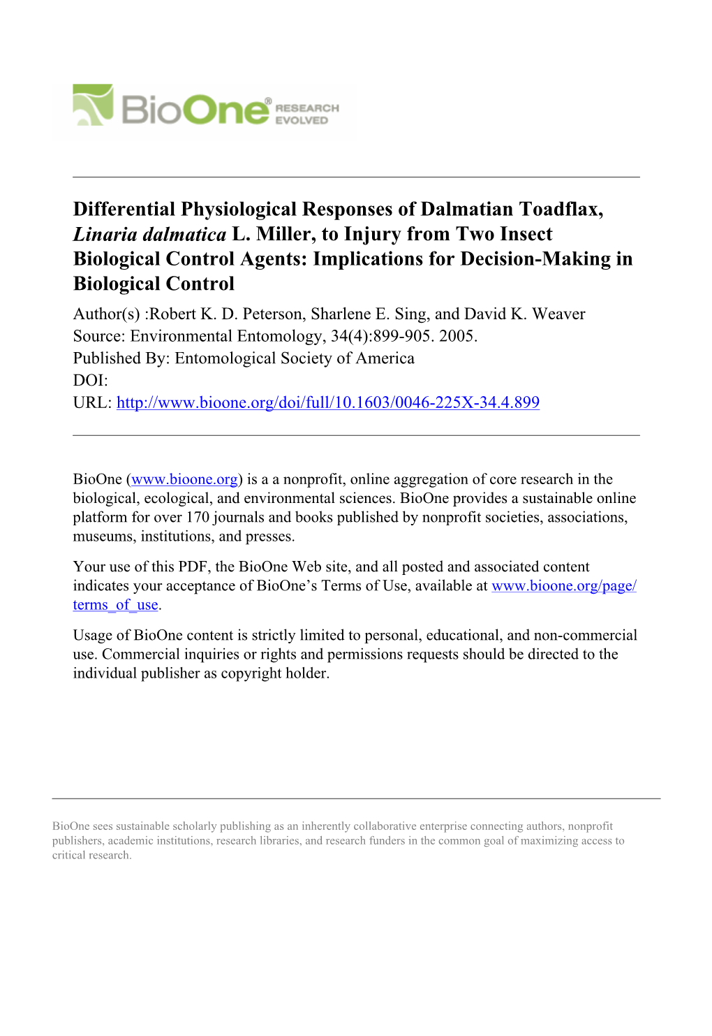 Differential Physiological Responses of Dalmatian Toadflax, Linaria Dalmatica L