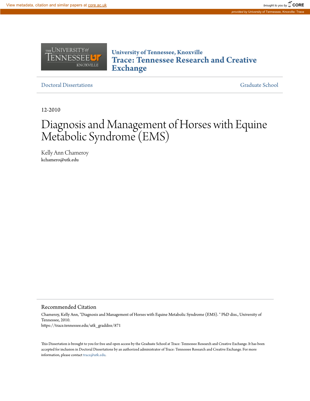 Diagnosis and Management of Horses with Equine Metabolic Syndrome (EMS) Kelly Ann Chameroy Kchamero@Utk.Edu