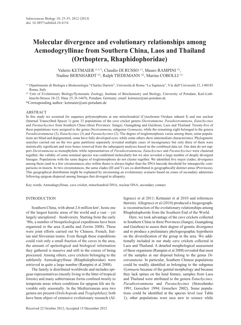 Molecular Divergence and Evolutionary Relationships Among Aemodogryllinae from Southern China, Laos and Thailand (Orthoptera, Rhaphidophoridae)