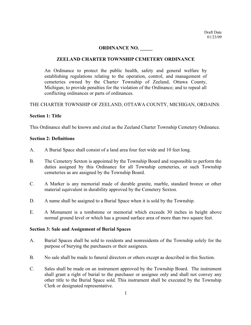 Zeeland Township Cemetery Ordinance