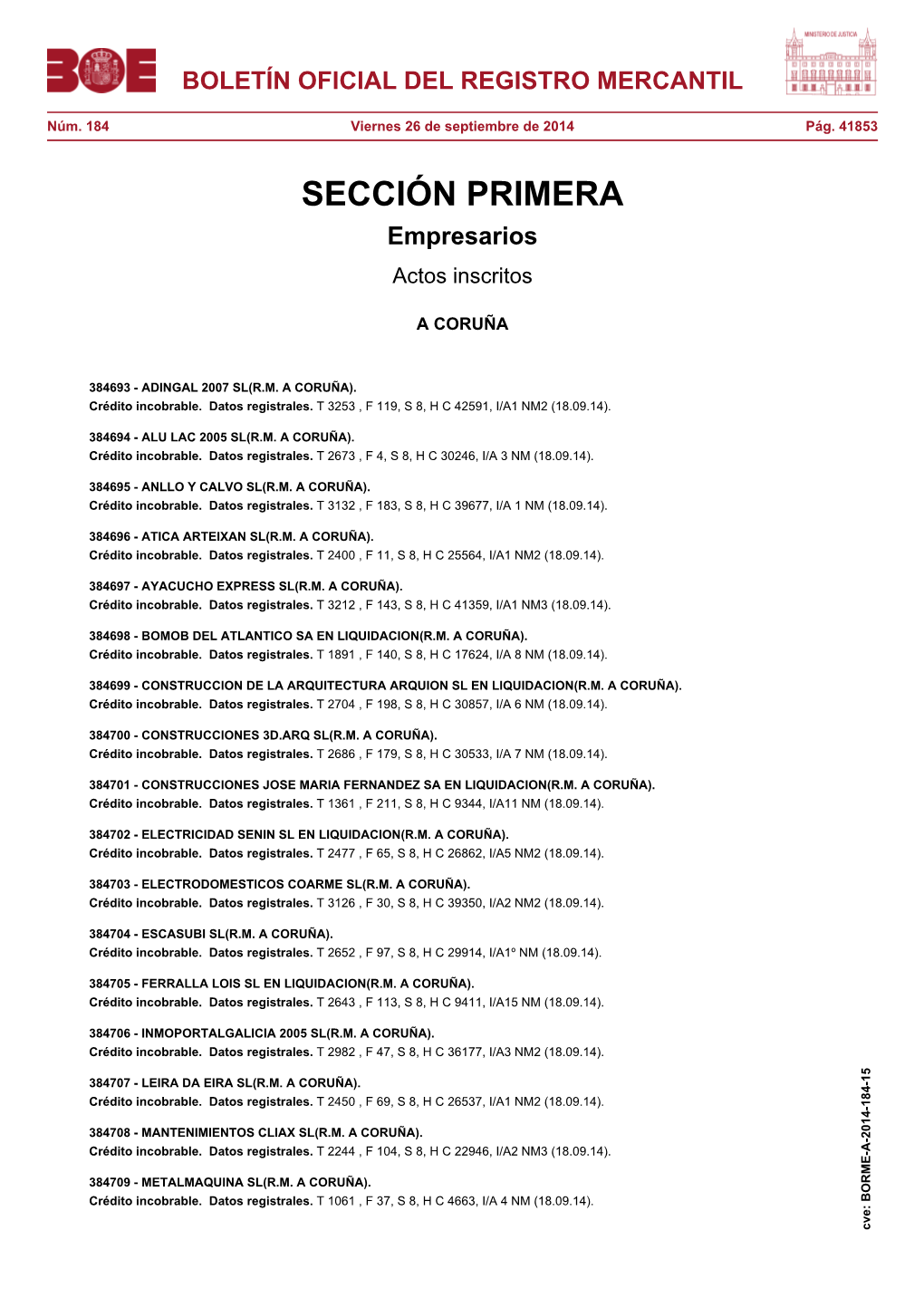 Actos De a CORUÑA Del BORME Núm. 184 De 2014