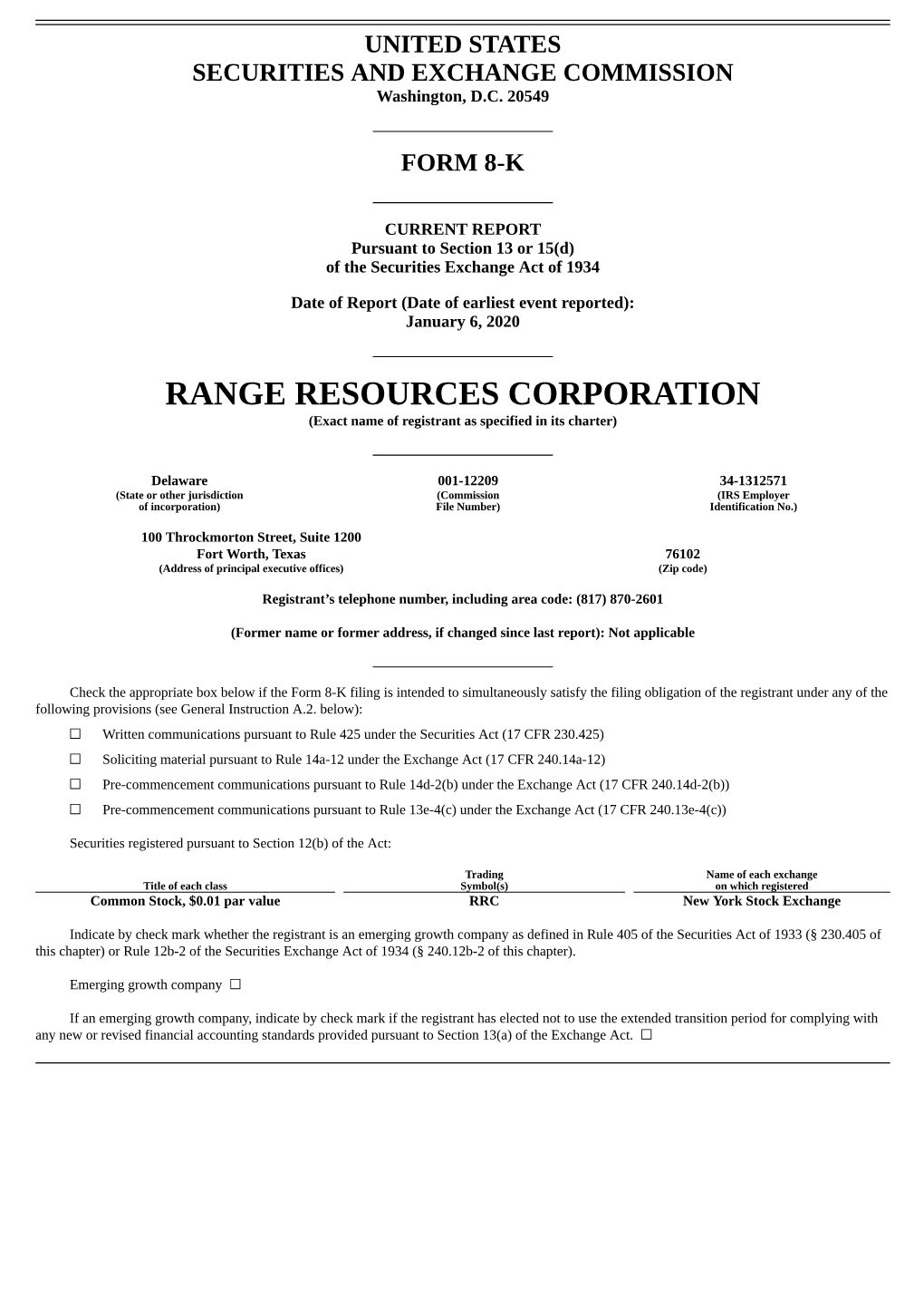 RANGE RESOURCES CORPORATION (Exact Name of Registrant As Specified in Its Charter)