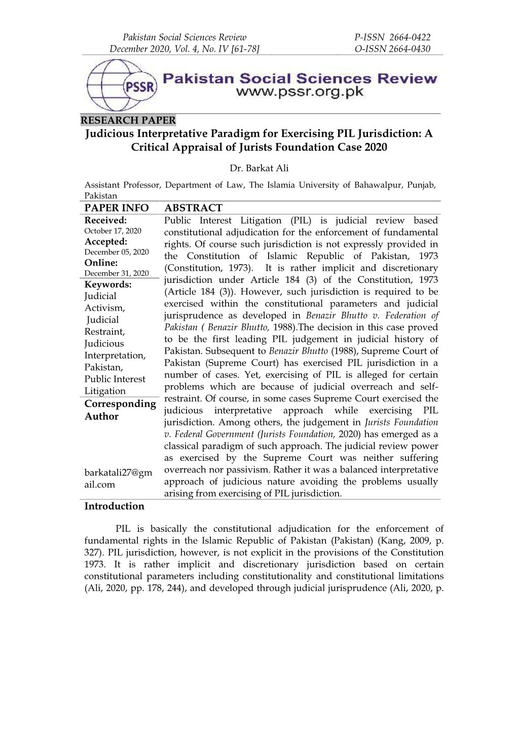 Judicious Interpretative Paradigm for Exercising PIL Jurisdiction: a Critical Appraisal of Jurists Foundation Case 2020