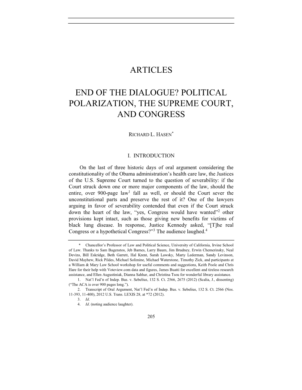 Articles End of the Dialogue? Political Polarization, the Supreme Court, And