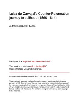 Luisa De Carvajal's Counter-Reformation Journey to Selfhood (1566-1614)