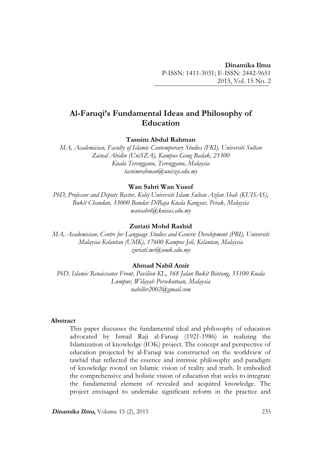 Al-Faruqi's Fundamental Ideas and Philosophy of Education