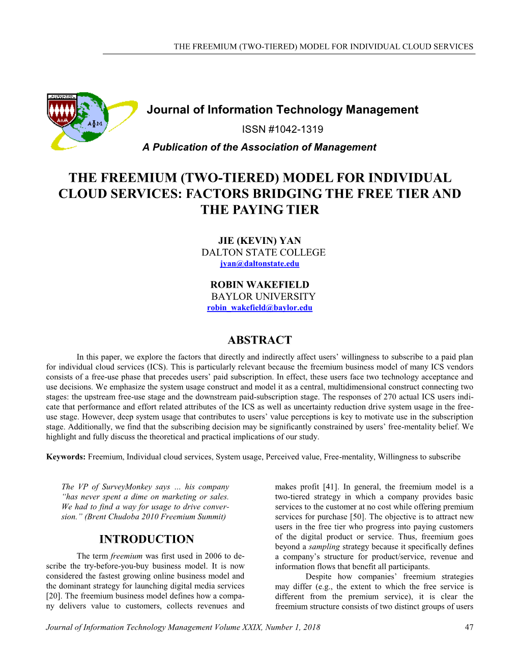 The Freemium (Two-Tiered) Model for Individual Cloud Services: Factors Bridging the Free Tier and the Paying Tier