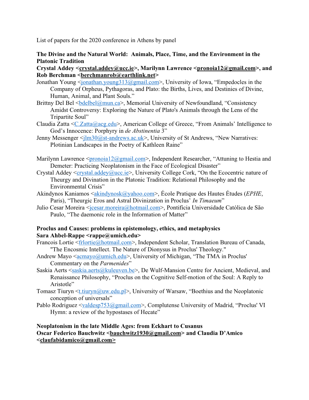 List of Papers for the 2020 Conference in Athens by Panel