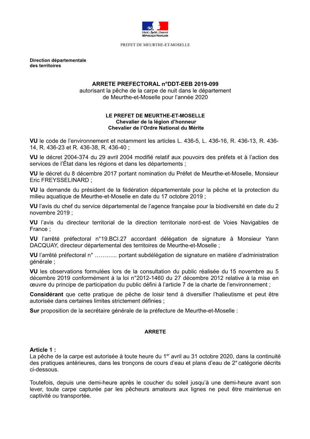 ARRETE PREFECTORAL N°DDT-EEB 2019-099 Autorisant La Pêche De La Carpe De Nuit Dans Le Département De Meurthe-Et-Moselle Pour L’Année 2020