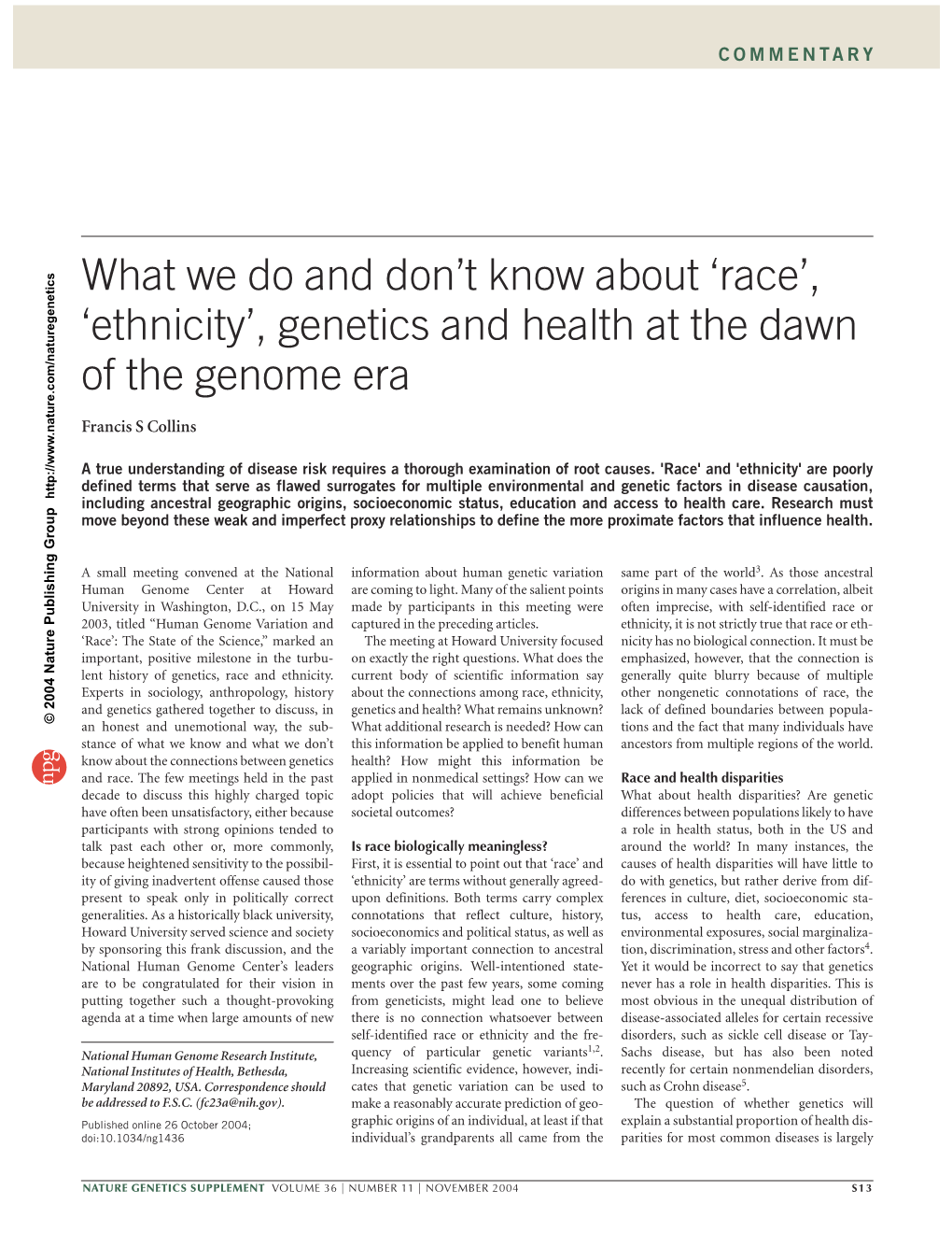 'Race', 'Ethnicity', Genetics and Health at the Dawn of the Genome