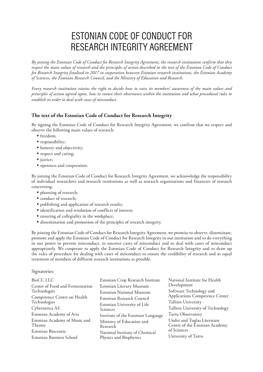 Estonian Code of Conduct for Research Integrity Agreement