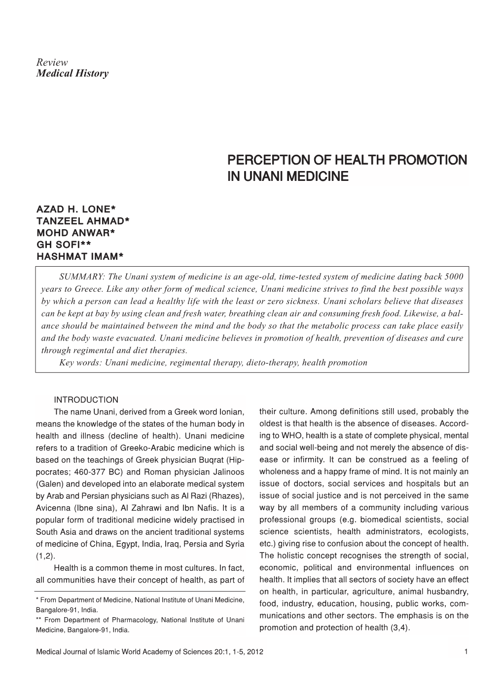 Perception of Health Promotion in Unani Medicine