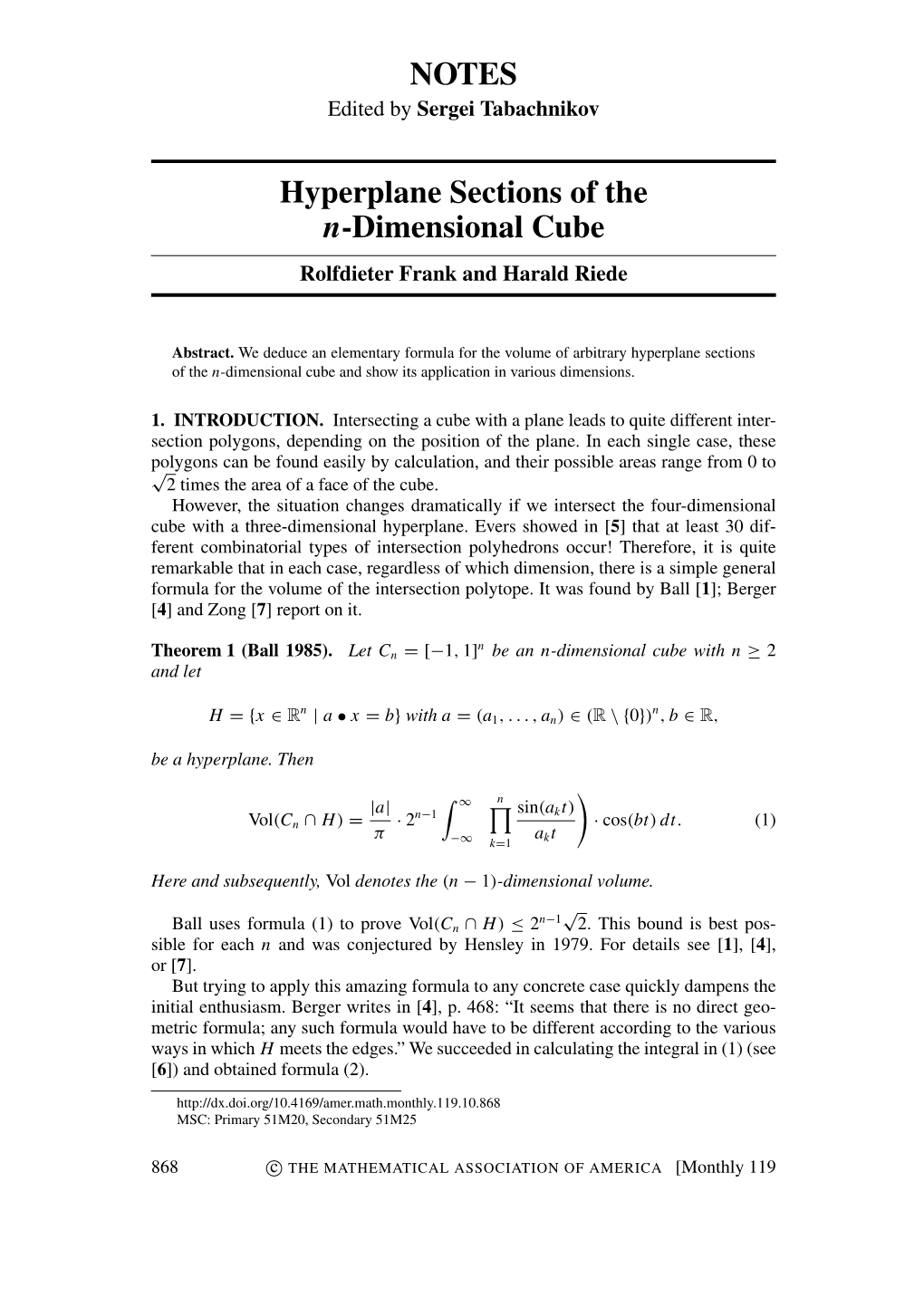 NOTES Hyperplane Sections of the N-Dimensional Cube
