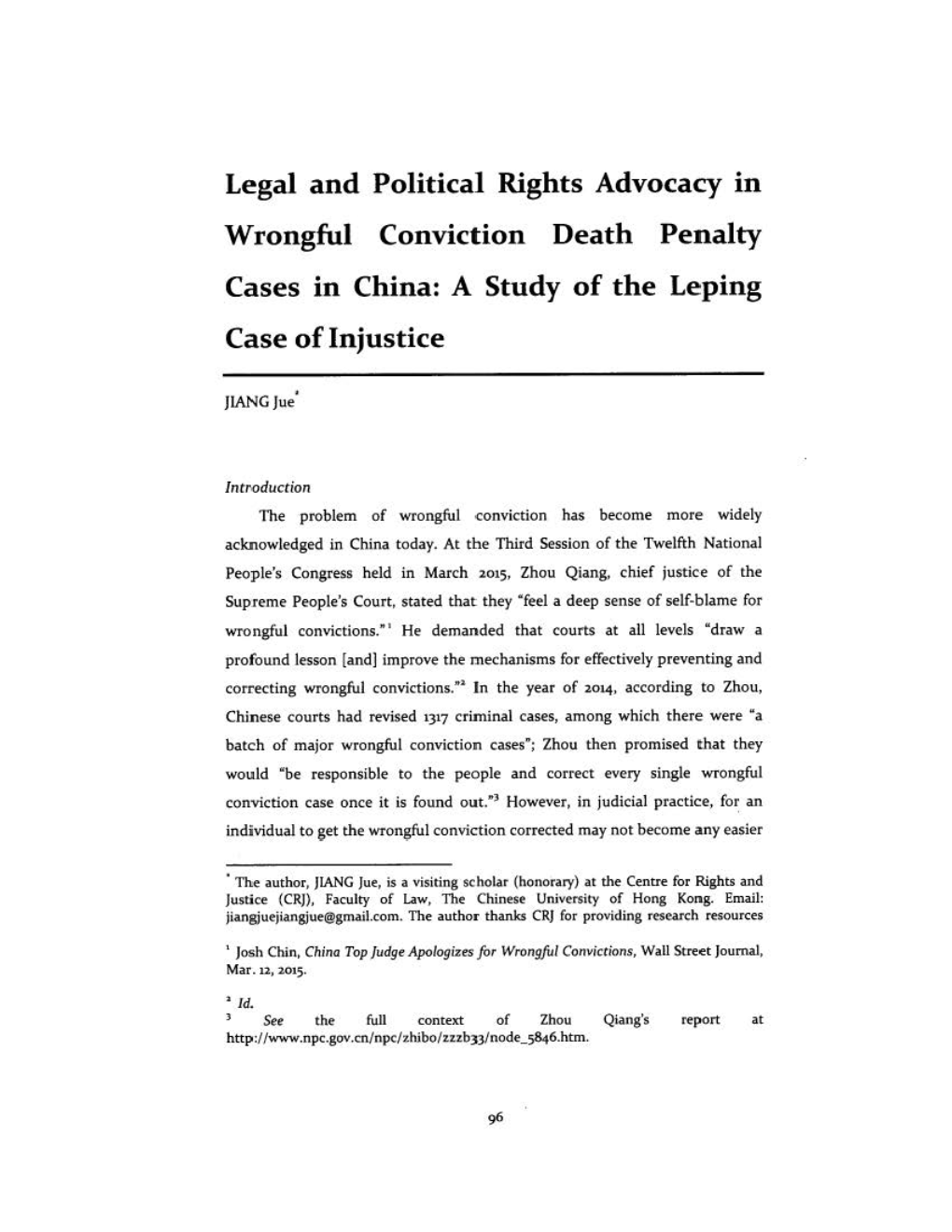 Legal and Political Rights Advocacy in Wrongful Conviction Death Penalty Cases in China: a Study of the Leping Case of Injustice