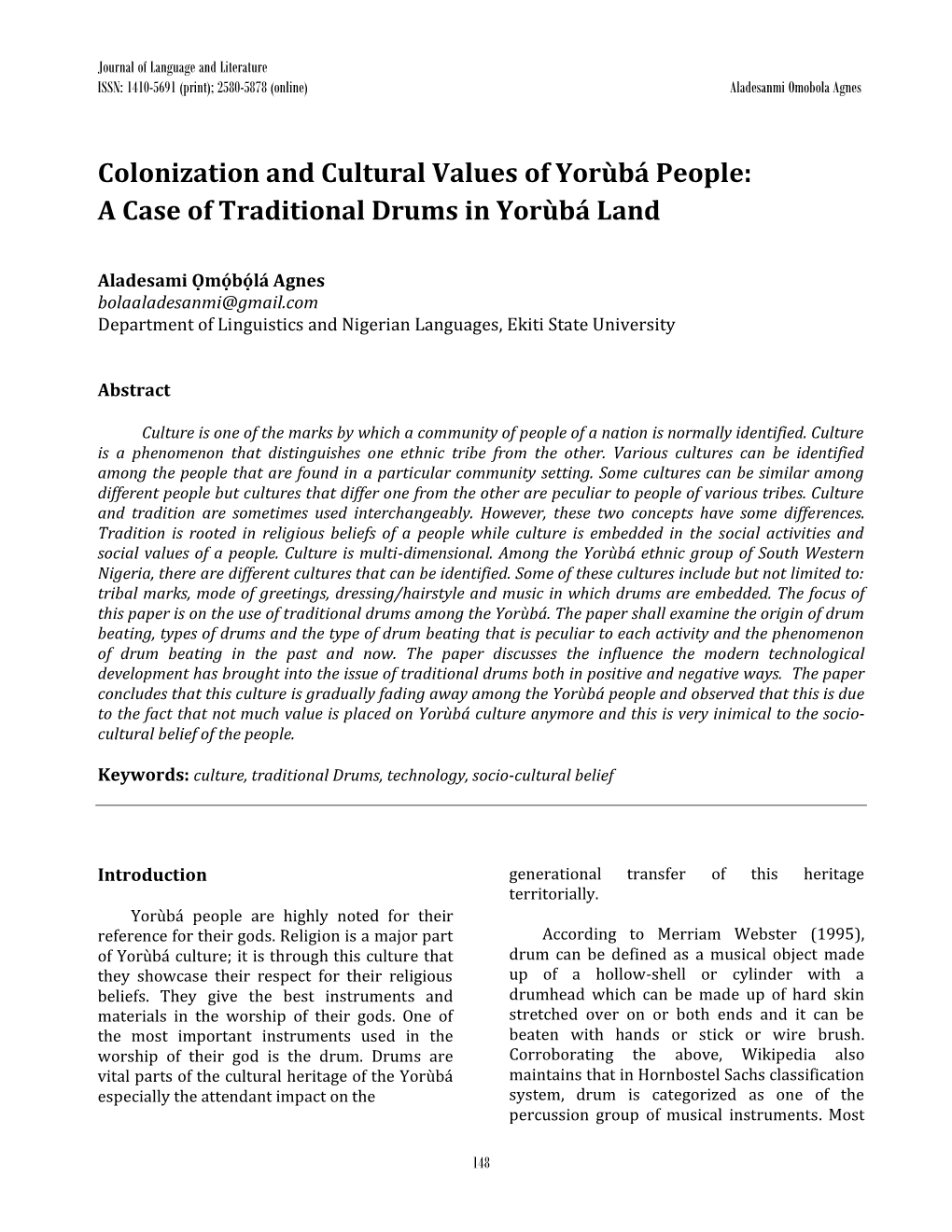 Colonization and Cultural Values of Yorùbápeople: a Case Of