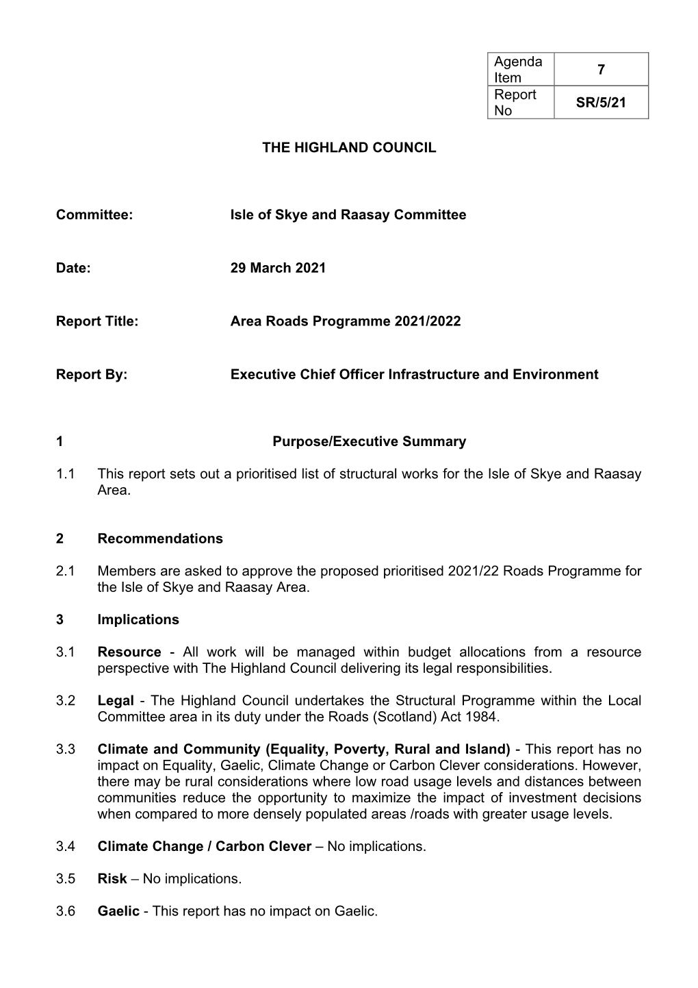 Area Roads Programme 2021/22