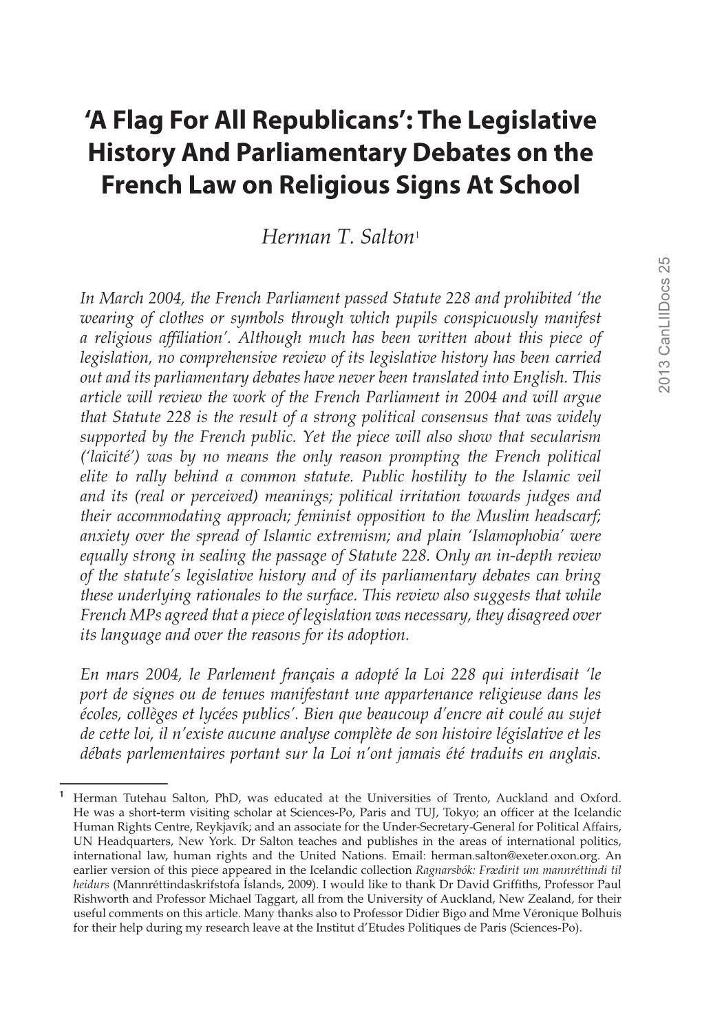 The Legislative History and Parliamentary Debates on the French Law on Religious Signs at School