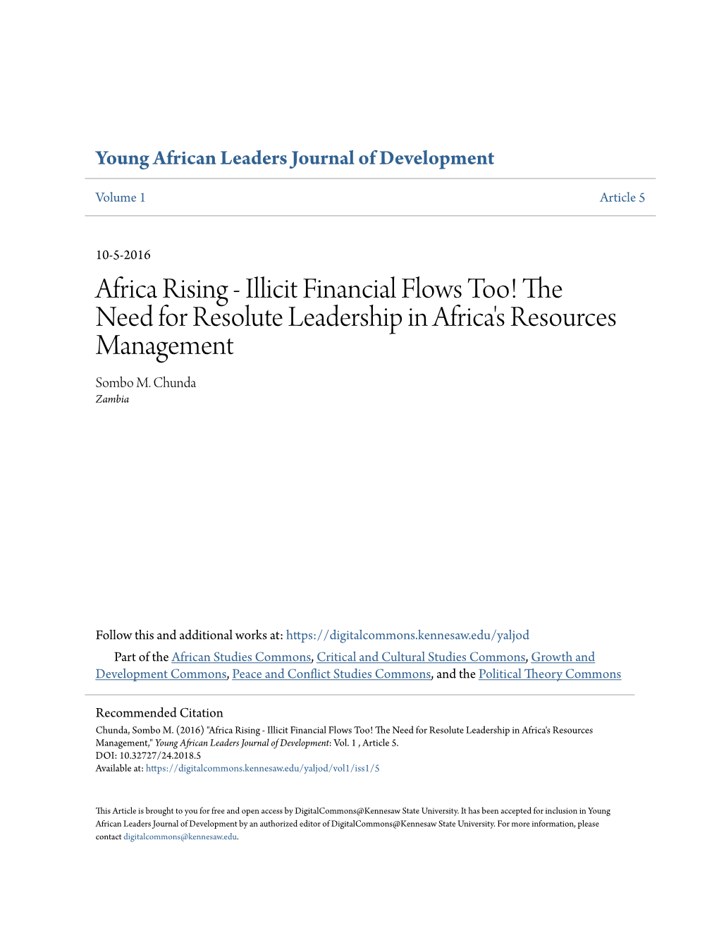 Africa Rising - Illicit Financial Flows Too! the Need for Resolute Leadership in Africa's Resources Management Sombo M