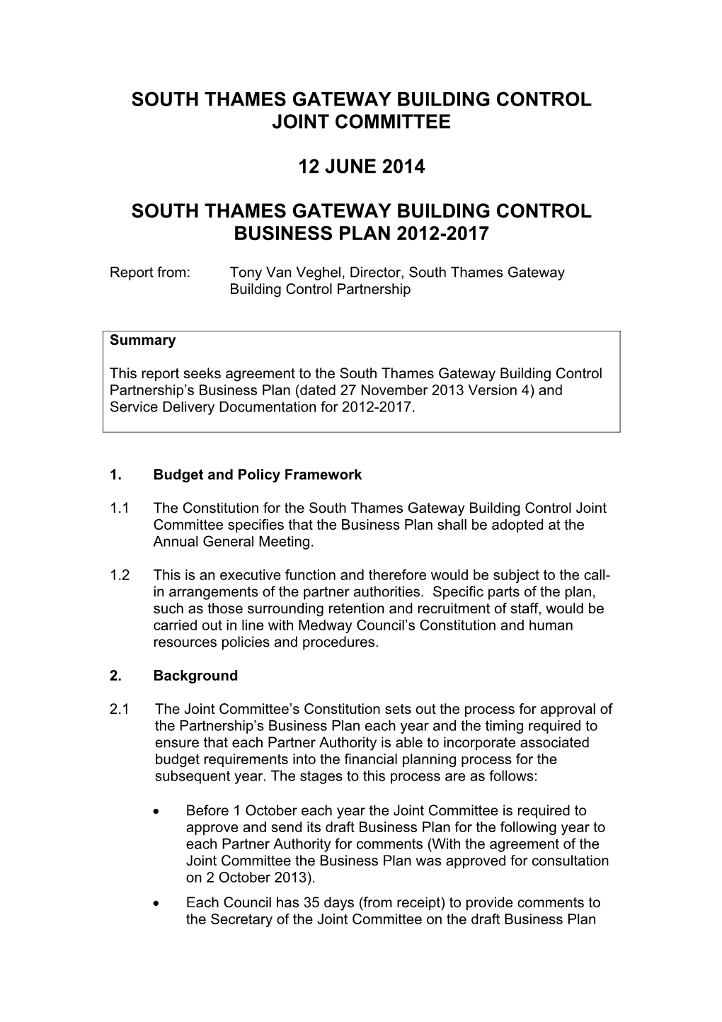 South Thames Gateway Building Control Partnership Business Plan