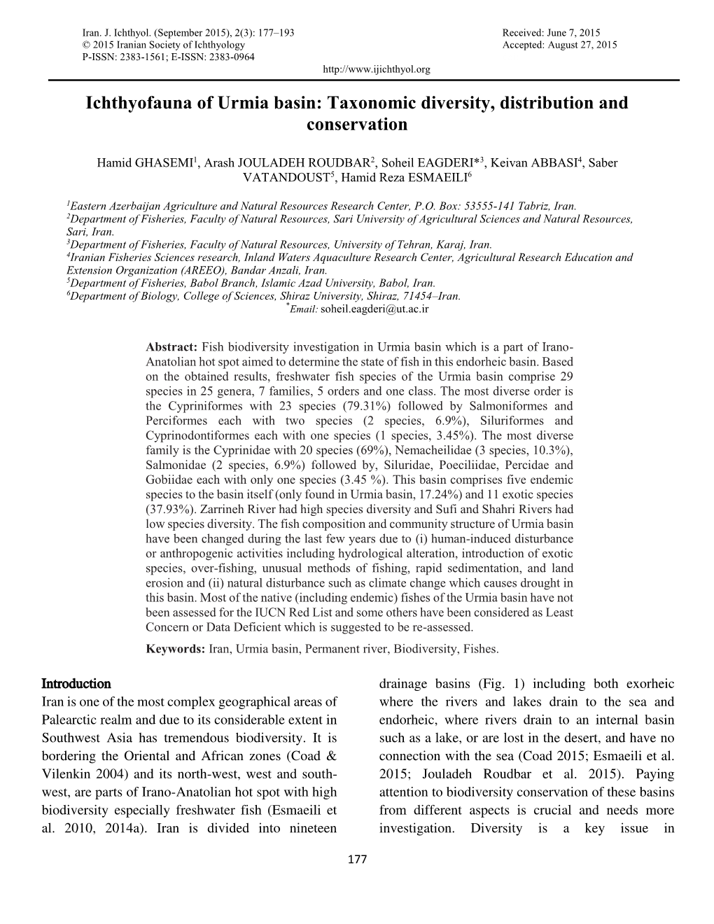 Ichthyofauna of Urmia Basin: Taxonomic Diversity, Distribution and Conservation