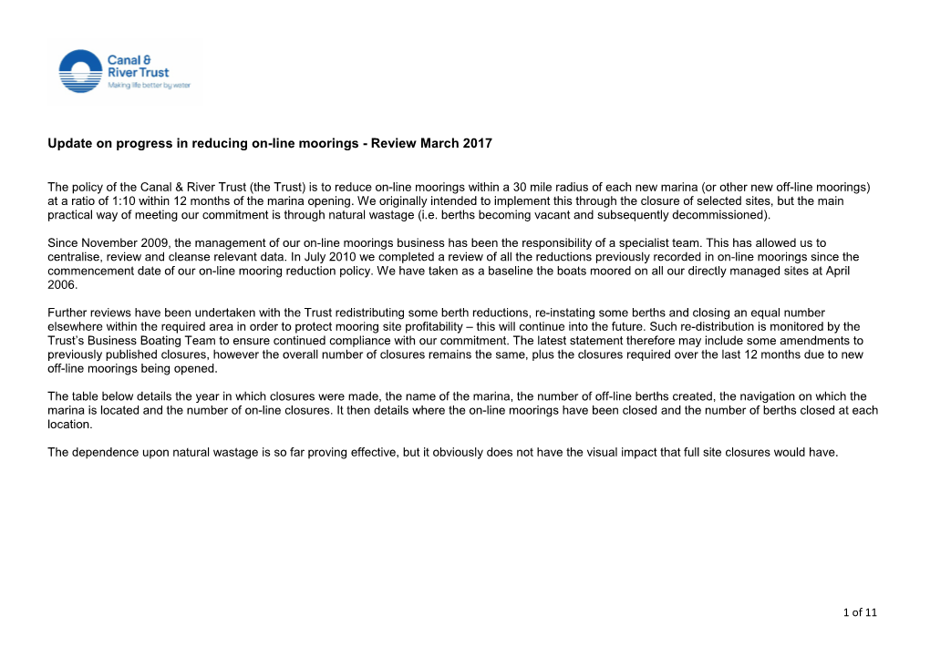 Update on Progress in Reducing On-Line Moorings - Review March 2017
