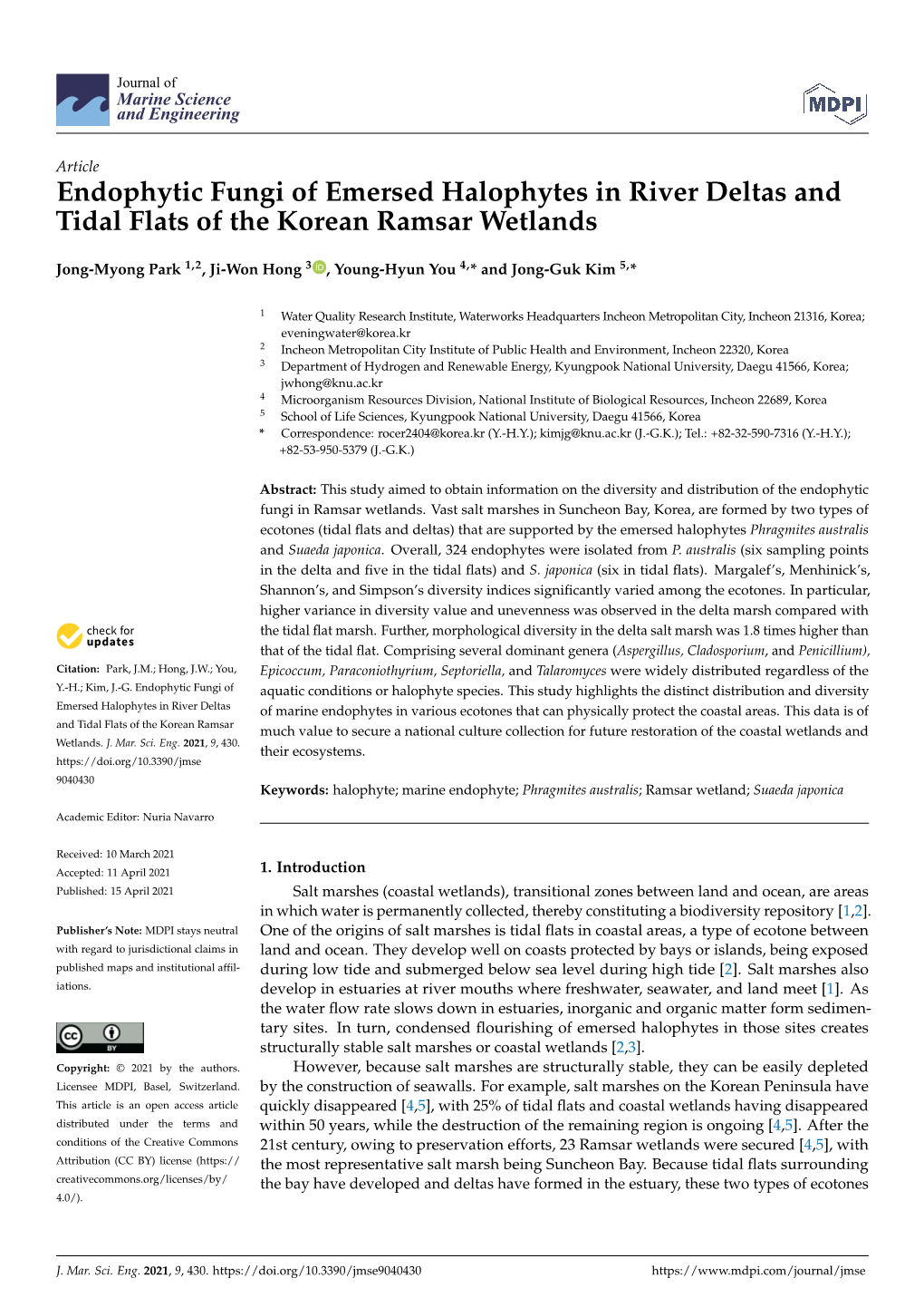 Endophytic Fungi of Emersed Halophytes in River Deltas and Tidal Flats of the Korean Ramsar Wetlands