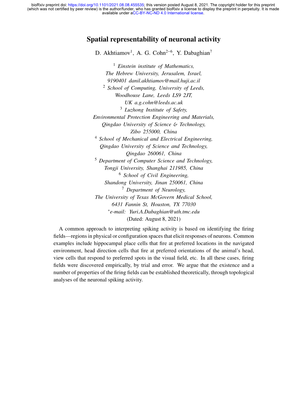 Spatial Representability of Neuronal Activity