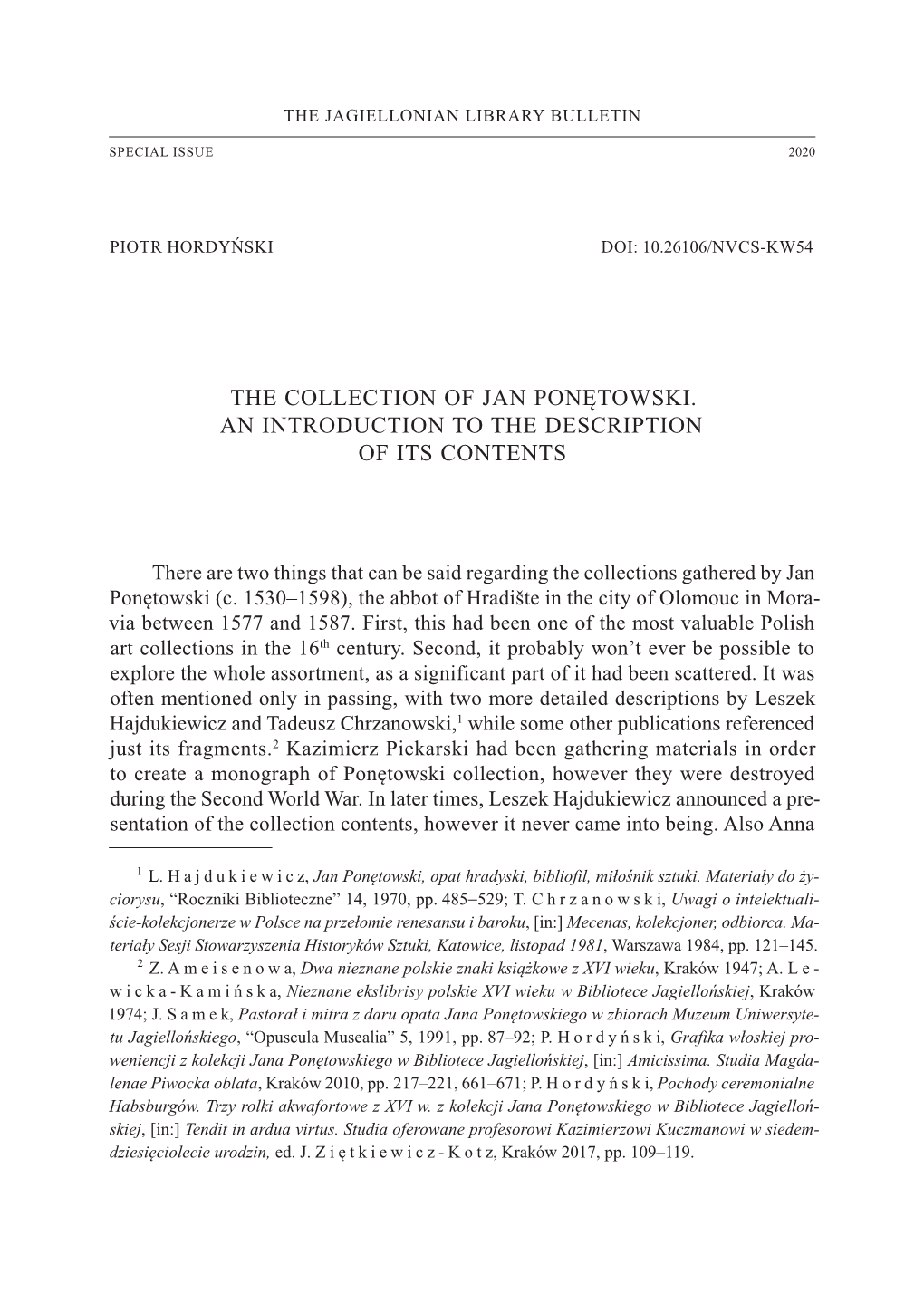 The Collection of Jan Ponętowski. an Introduction to the Description of Its Contents