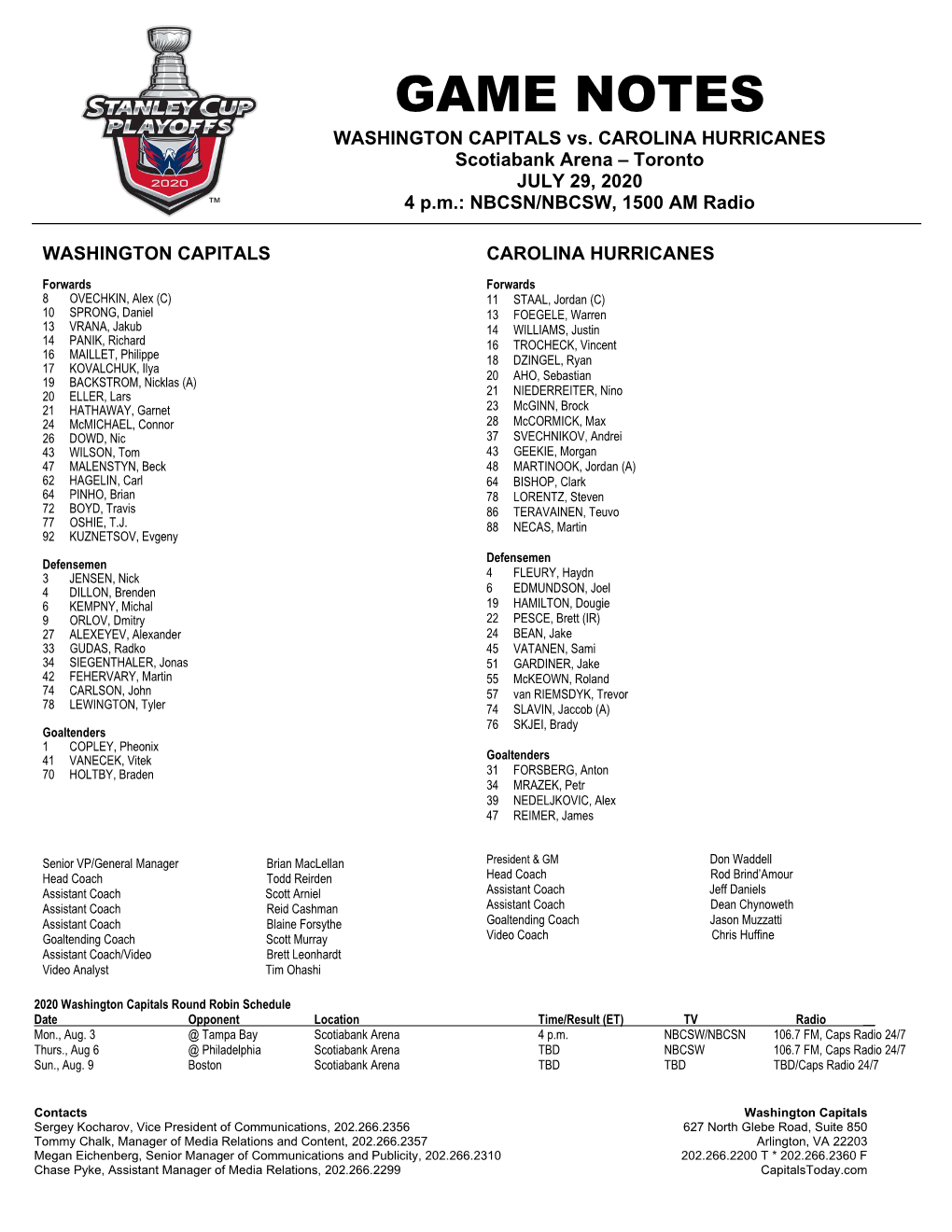 GAME NOTES WASHINGTON CAPITALS Vs