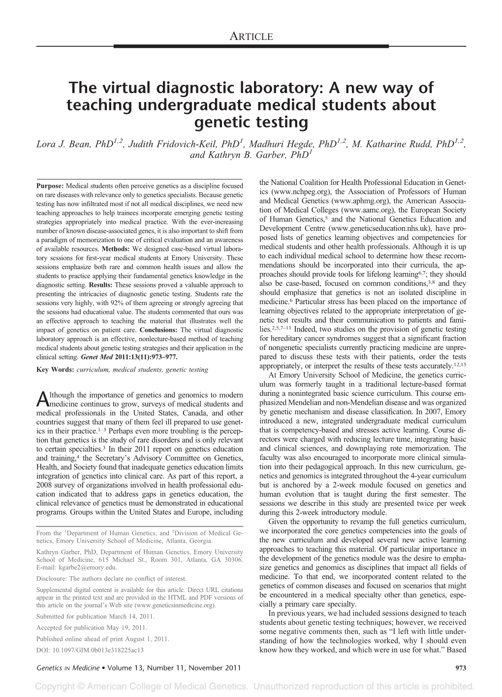 The Virtual Diagnostic Laboratory: a New Way of Teaching Undergraduate Medical Students About Genetic Testing Lora J