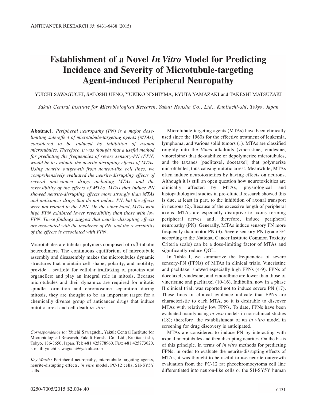 Establishment of a Novel in Vitro Model for Predicting Incidence and Severity of Microtubule-Targeting Agent-Induced Peripheral Neuropathy