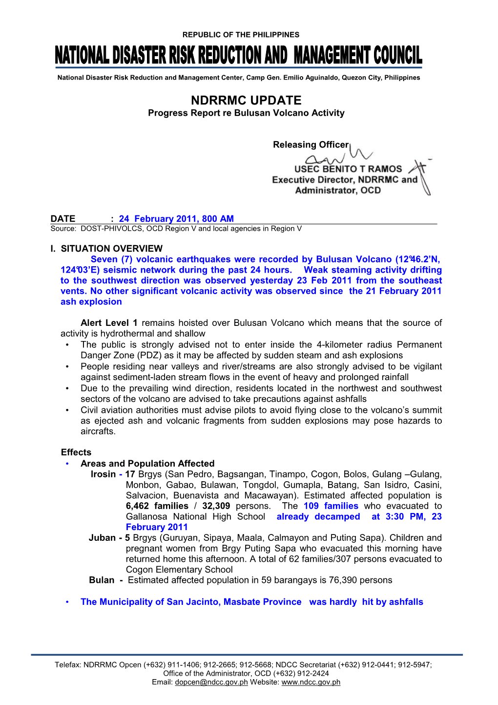 NDRRMC Update on Bulusan Volcano Bulletin 24 February 2011