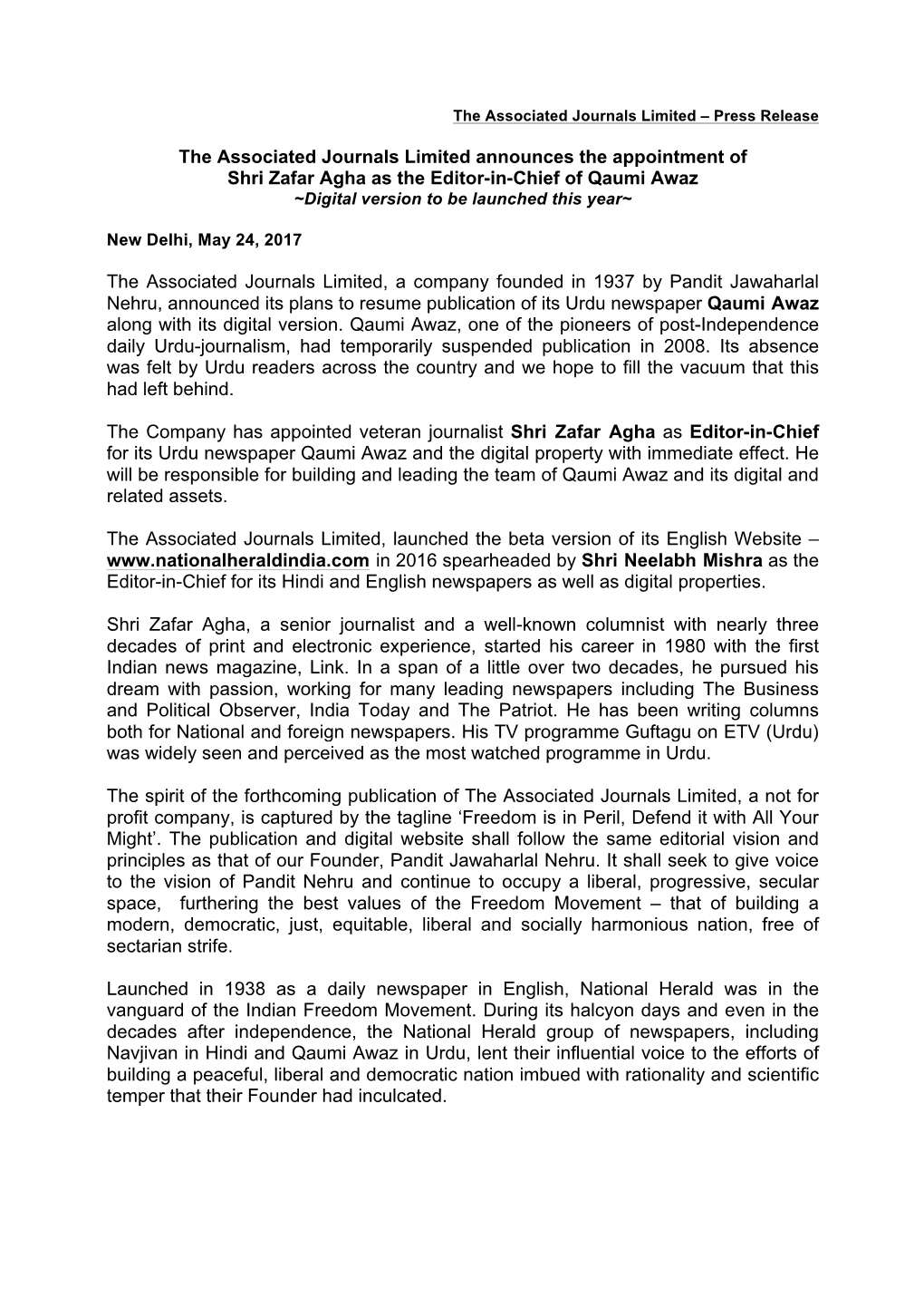 The Associated Journals Ltd Press Release 24 May 2017