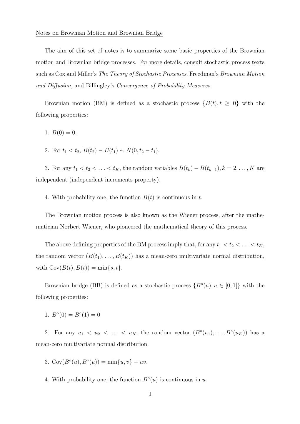 Notes on Brownian Motion and Brownian Bridge the Aim of This Set