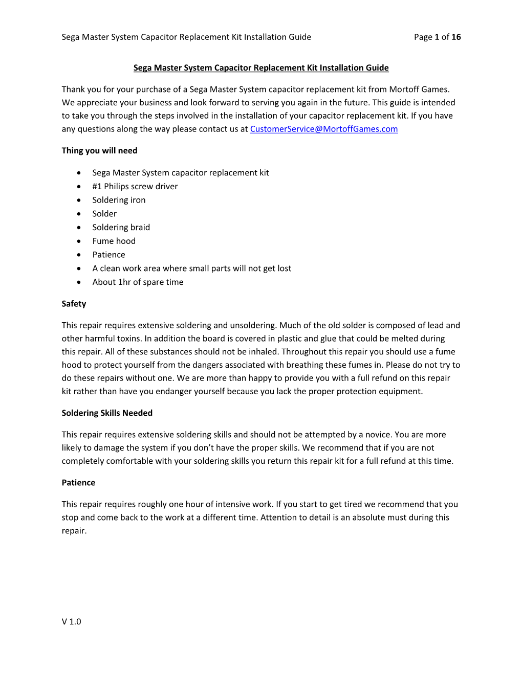 Sega Master System Capacitor Replacement Kit Installation Guide Page 1 of 16