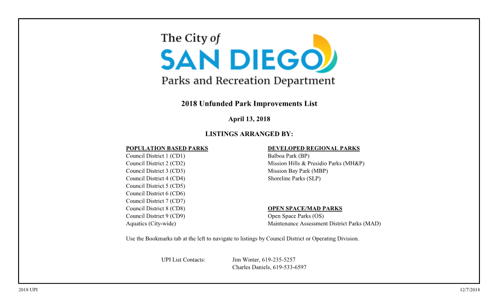 2018 Unfunded Park Improvements List