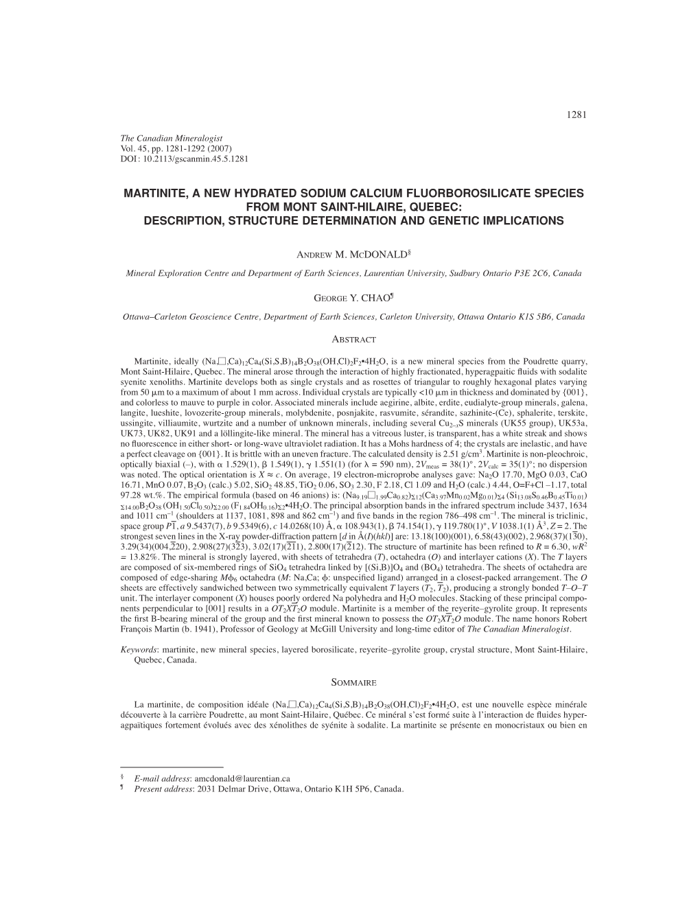 Martinite, a New Hydrated Sodium Calcium Fluorborosilicate Species from Mont Saint-Hilaire, Quebec: Description, Structure Determination and Genetic Implications